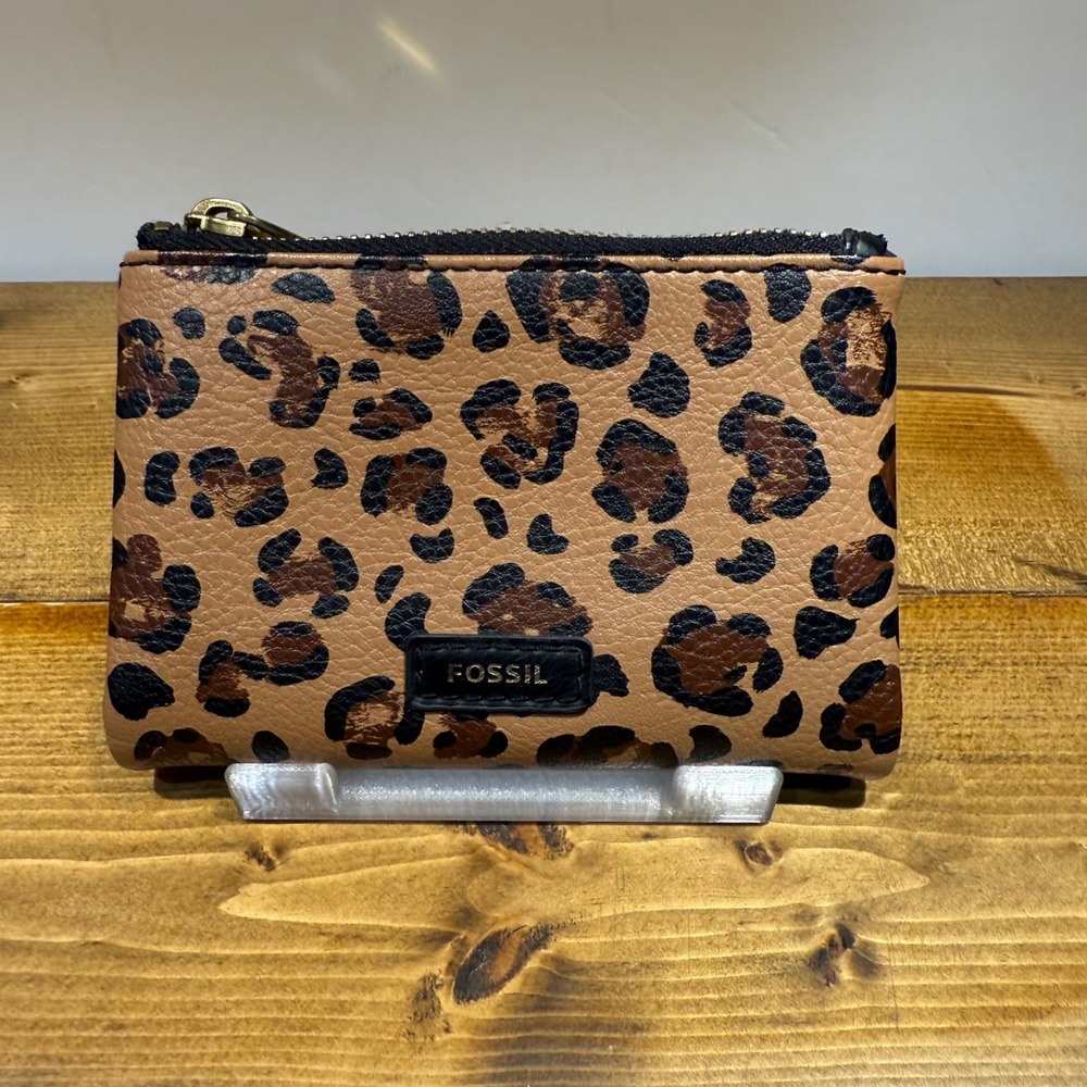 Fossil Leopard Print Leather Bifold Wallet Brown Black Gold Tone Hardware